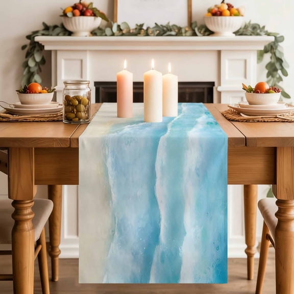 Ocean Beach Table Runner, Gradient Blue Ocean Waves Beige Beach Cotton Linen Kitchen Table Decoration Washable Dining Tabletop Runners for Home Party Decor 13x72 Inches