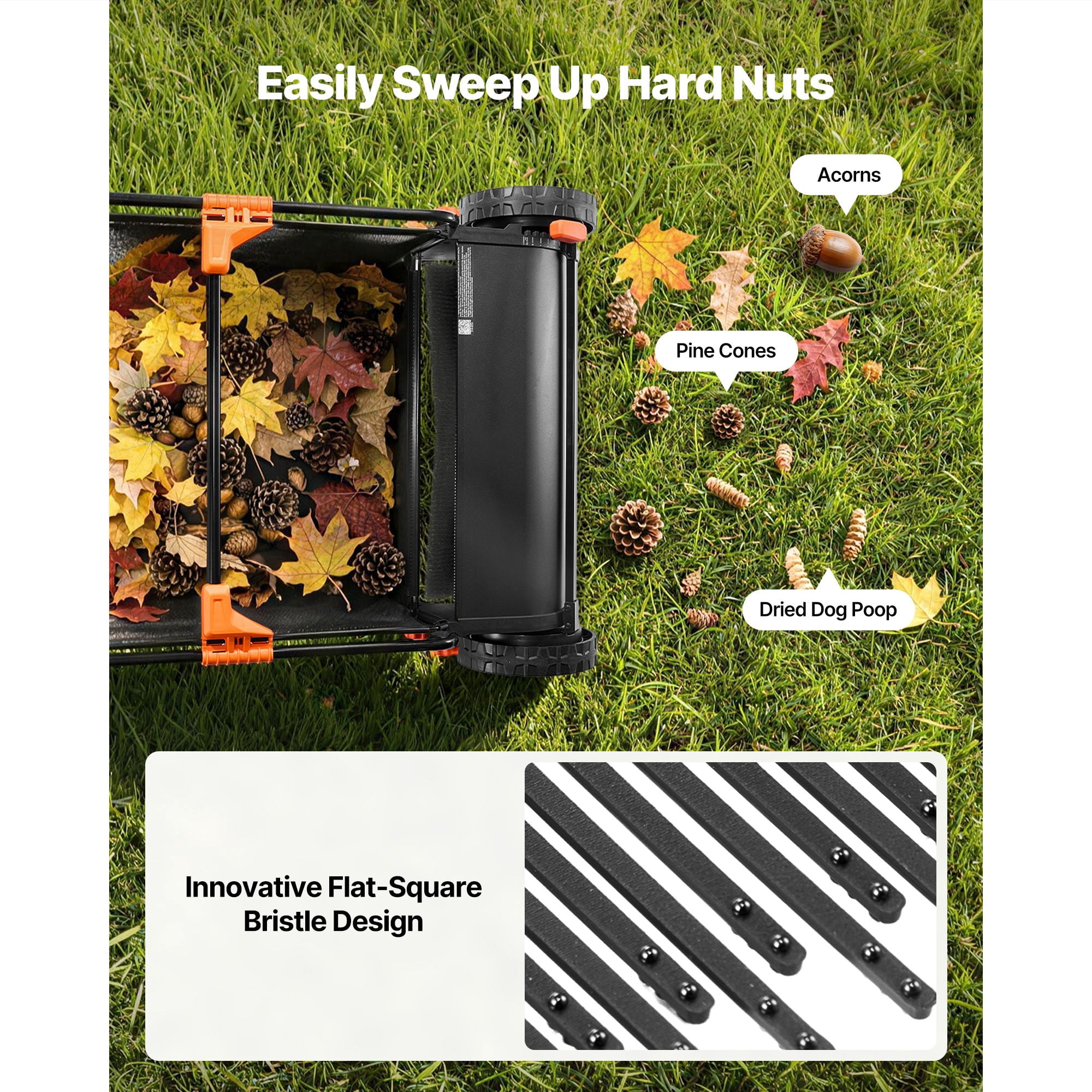 Lawn Sweeper Brush Replacement 3-Pack, V-Shaped Design for 30" Push Lawn Sweepers, Flat-Square Bristle for Acorns and Nuts, Quick-Release Mounting for Easy Installation