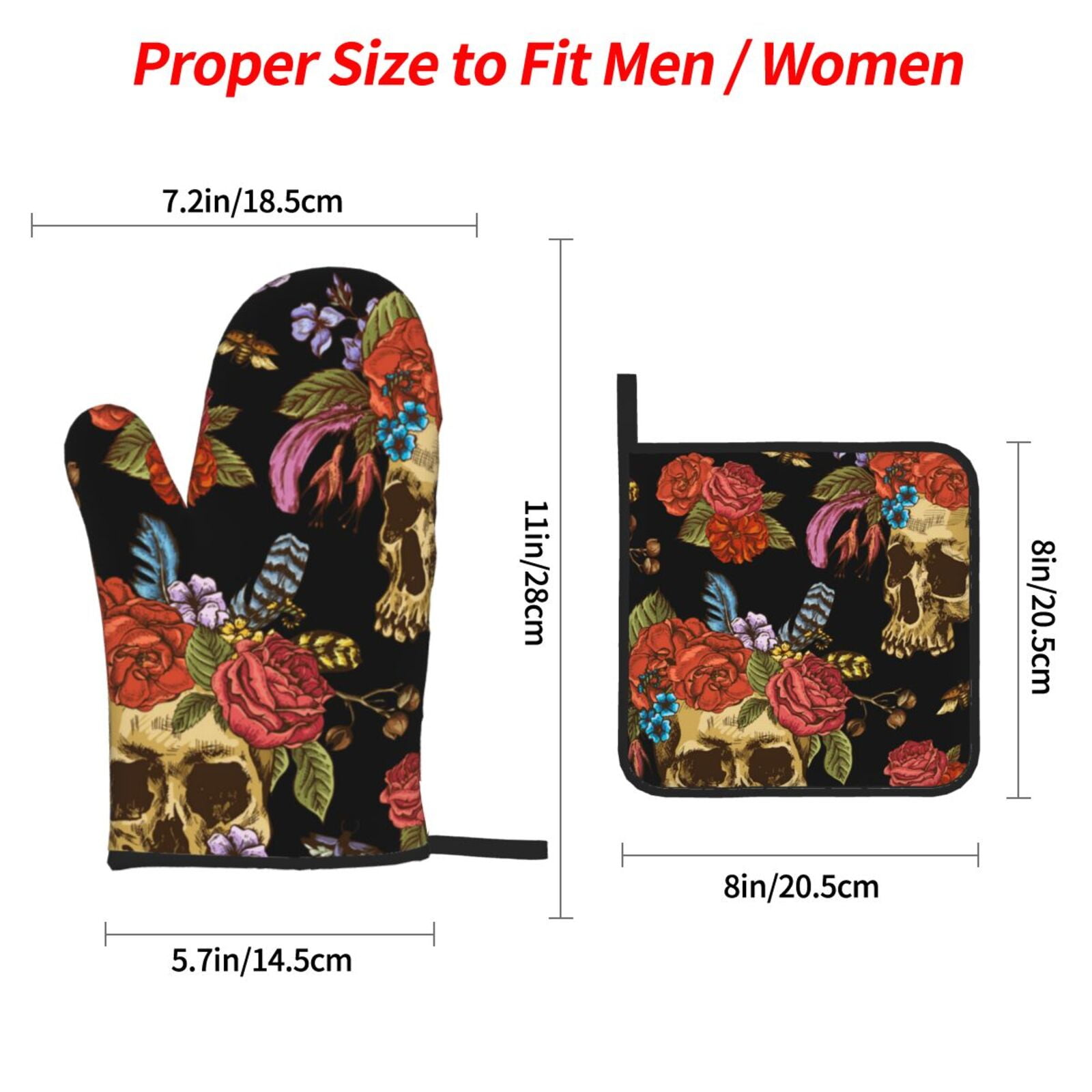 Watercolor Skull Flowers Day Dead 4Pcs Oven Mitts and Pot Holders Sets Oven Kitchen Gloves Hot Pads for Cooking BBQ Baking Grilling