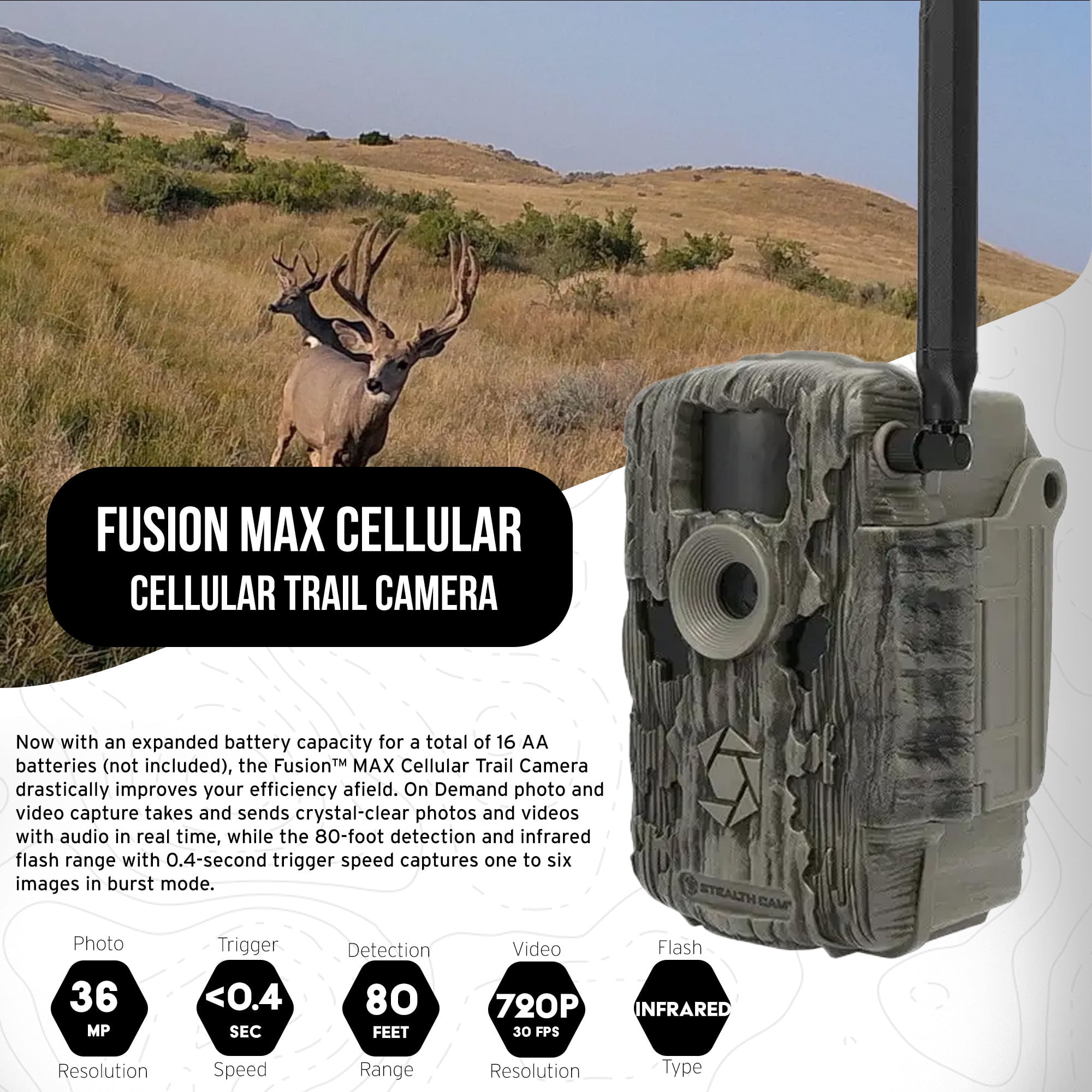 Stealth Cam 36MP Fusion Max Cellular Trail Camera Bundle with Lithium Solar Power Panel, Trail Camera Holder, 32GB Memory Card, and Card Reader (5 Items)