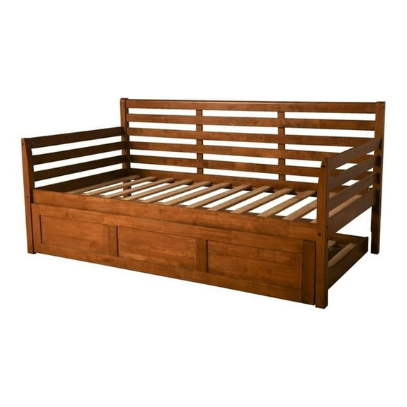 Boho Twin Solid Wood Daybed with Trundle in Brown-Mattress Not Included