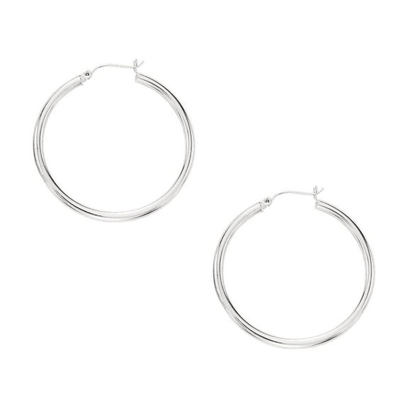 10K White Gold Shiny 3x40mm Hoop Earrings with Hinged