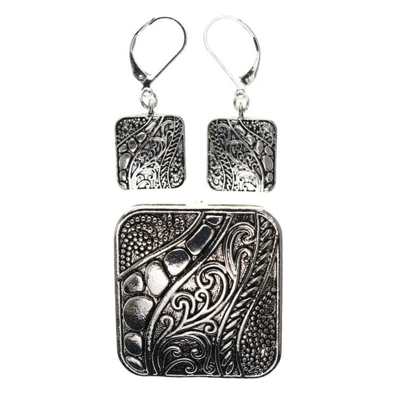 Mi Amore Filigree Convertible Necklace Pendant Pin-Earring-Set Silver-Tone