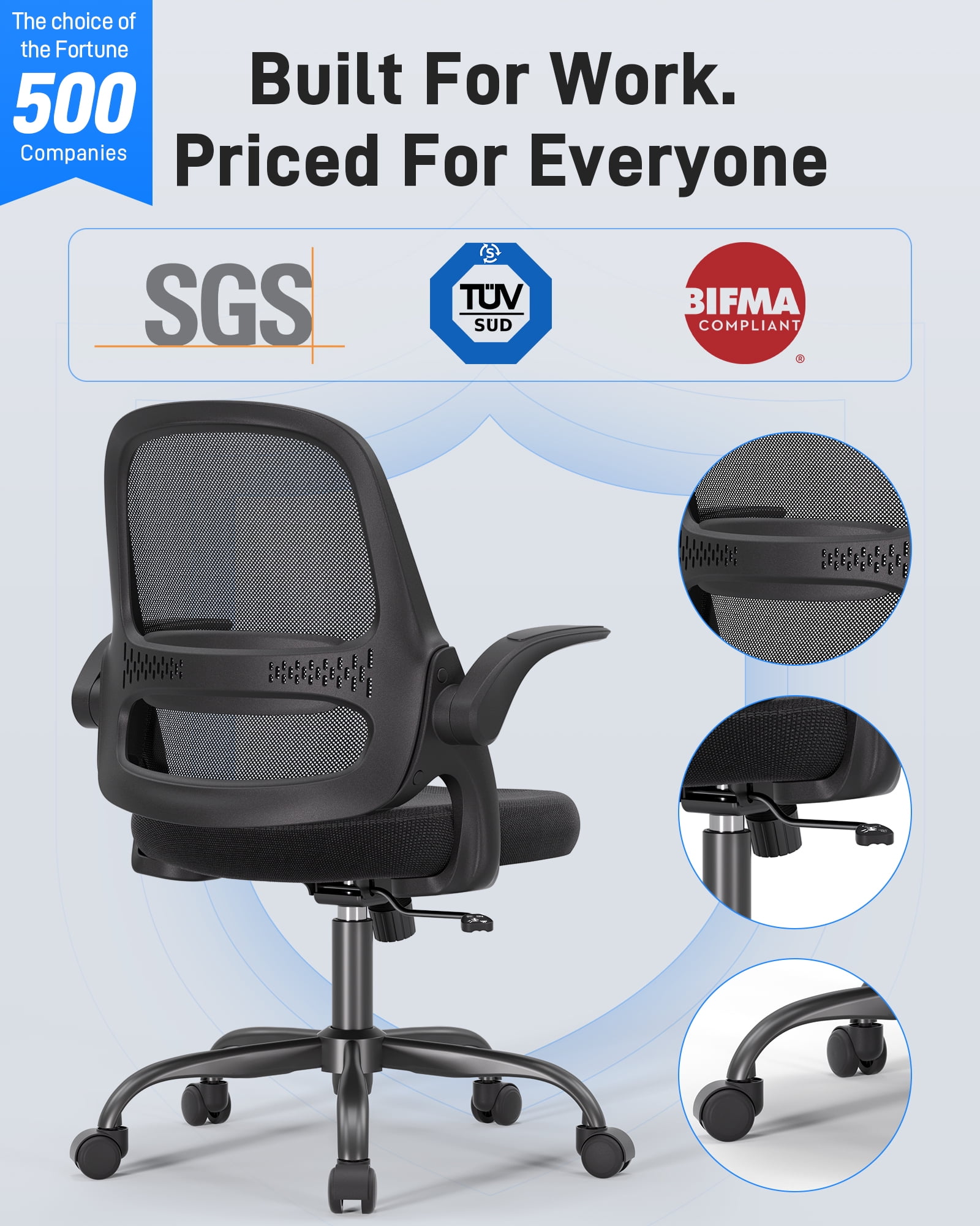 TMV Ergonomic Office Chair, Mesh Computer Chair with Wide Seat & Arms - Rolling Desk Chair with Wheels for Home Office, Gaming, or Living Room，Black