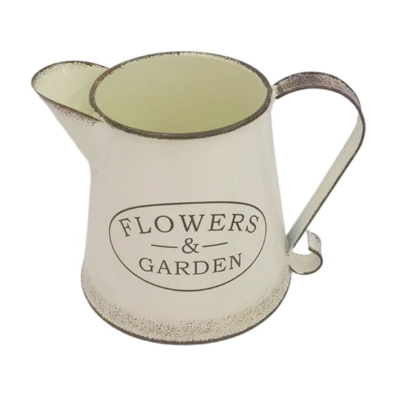 Vintage Distressed 1L Metal Watering Can Flowers & Garden Print Small Irrigation Kettle With Curved Handle For Indoor Outdoor Garden Decor(White)