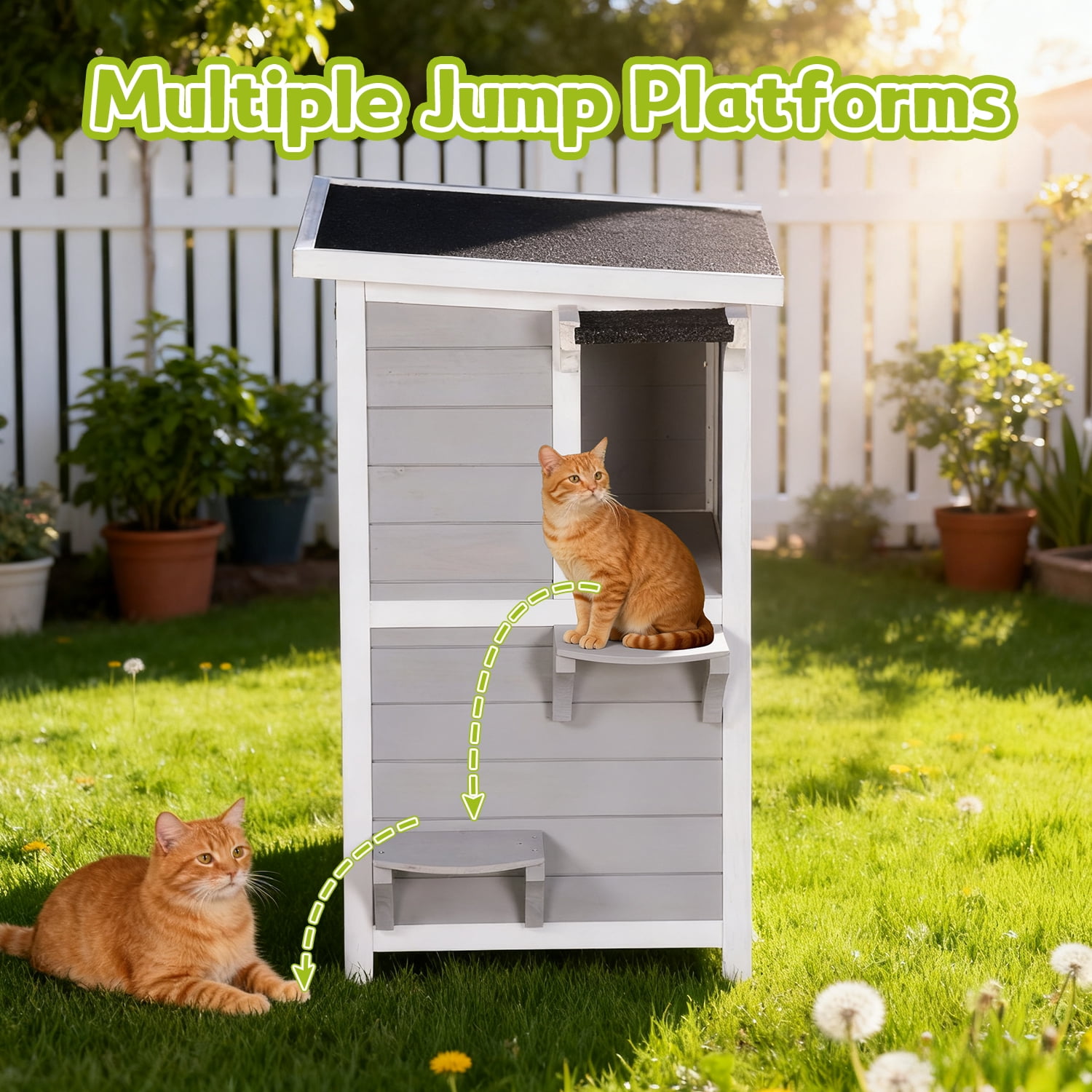 Outdoor Cat House 2-Story with Escape Door, Feral Cat Shelter Weatherproof for Outside, Openable Waterproof Roof, Large Window, 2 Platforms, Wooden Cat Enclosure for Pets 31.80" (Grey)