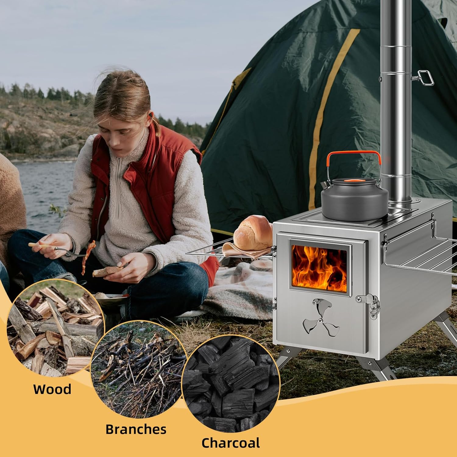 ABORON Portable Camp Wood Stove Stainless Steel Camping Cooking Stove Outdoor Wood Burning Stove with Chimney, Firebox Hot Camping Tent Stove for BBQ, Hiking, Fishing, Hunting