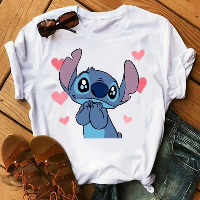 Camiseta holgada con cuello redondo y estampado de puntadas para parejas, camiseta blanca de manga corta de Disney, novedad de verano 2022