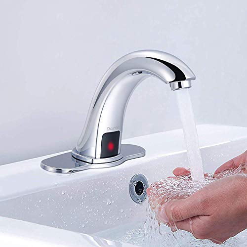 Chrome Chrome Hands Free Bathroom Sink Faucet with Control Box and Temperature Mixer Automatic Sensor Touchless Bathroom Faucet 