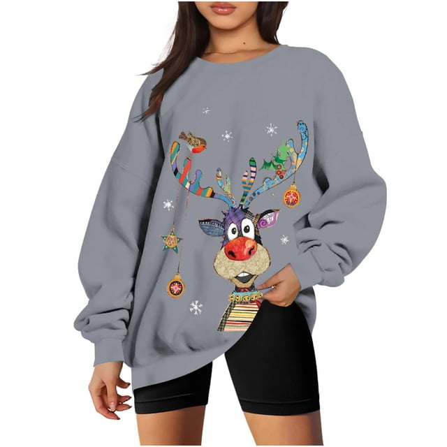 2023 Chandails de Noël pour Femmes en Liquidation Col Rond Mode Décontractée Manches Longues Imprimé de Noël Chandails Blouse