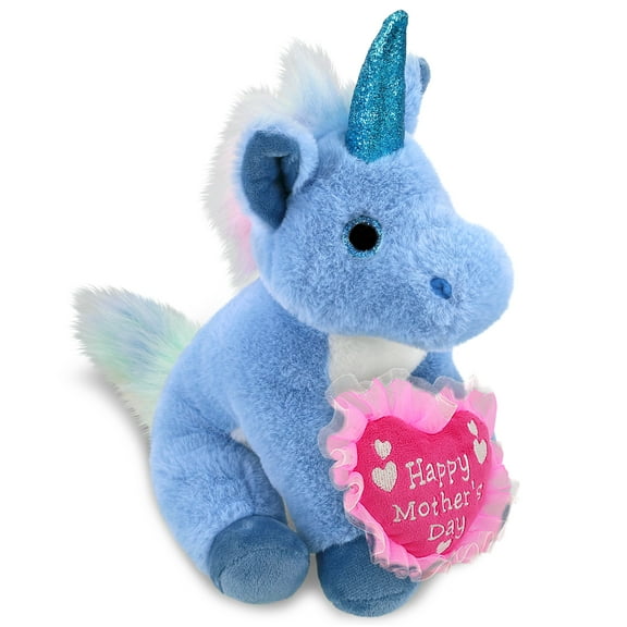 DolliBu Happy Mother's Day Super Soft Plush Blue Unicorn - Cute Stuffed Animal Present With Pink Heart Message for Best Mommy, Grandma, Wife, Daughter - Cute Fantasy Life Plush Toy Gift - 9 Inch