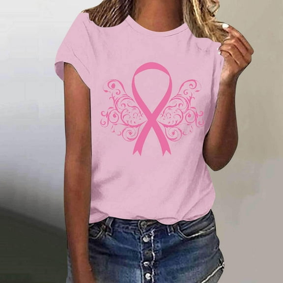 VKOYWKM Breast Cancer Awareness T Shirts for Women Breast Cancer Pink Ribbon Shirt Inspirational Short Sleeve Tee Tops Awareness Crew Neck Cancer Survivor T-Shirt