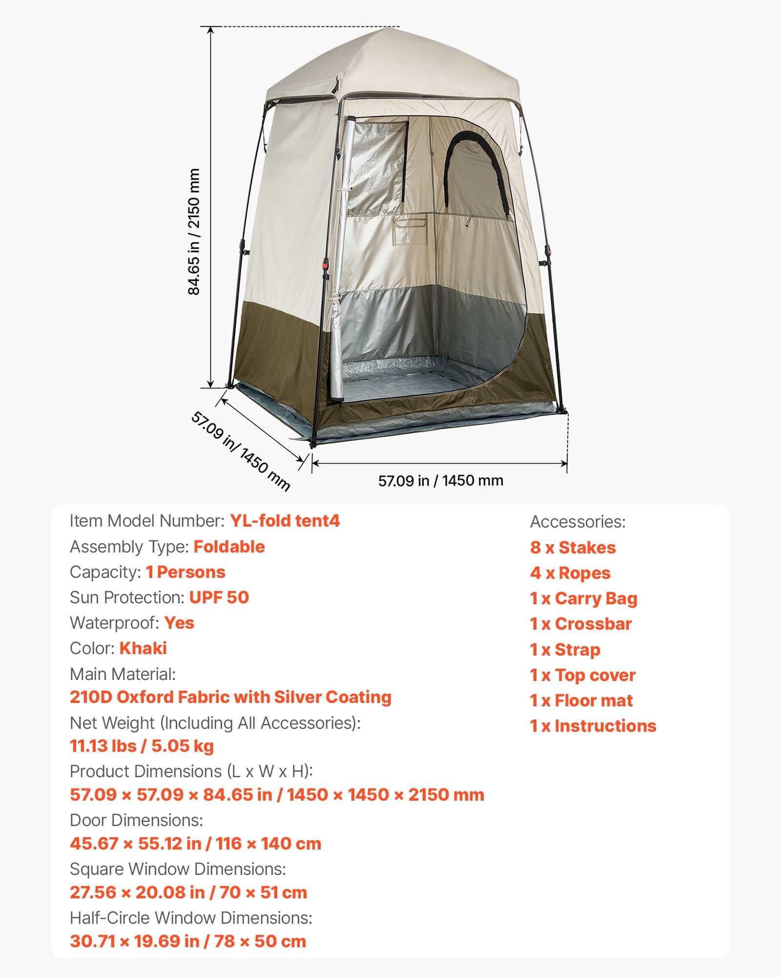 VEVOR Camping Shower Tent, 1 Room, Foldable Privacy Tent Changing Room with Ground Stakes, Ropes, Carry Bag, and Crossbar, 210D Oxford Fabric with Silver Coating, for Camping, Beach, and Fishing
