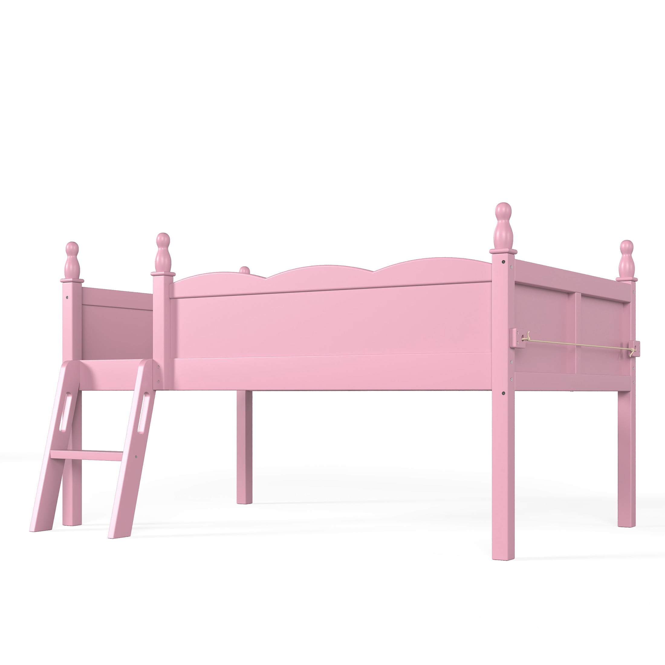 GDF Studio Twin Size Low Loft Bed with Guardrails, Ladder & Side Bookshelf, Chic Design, Pink