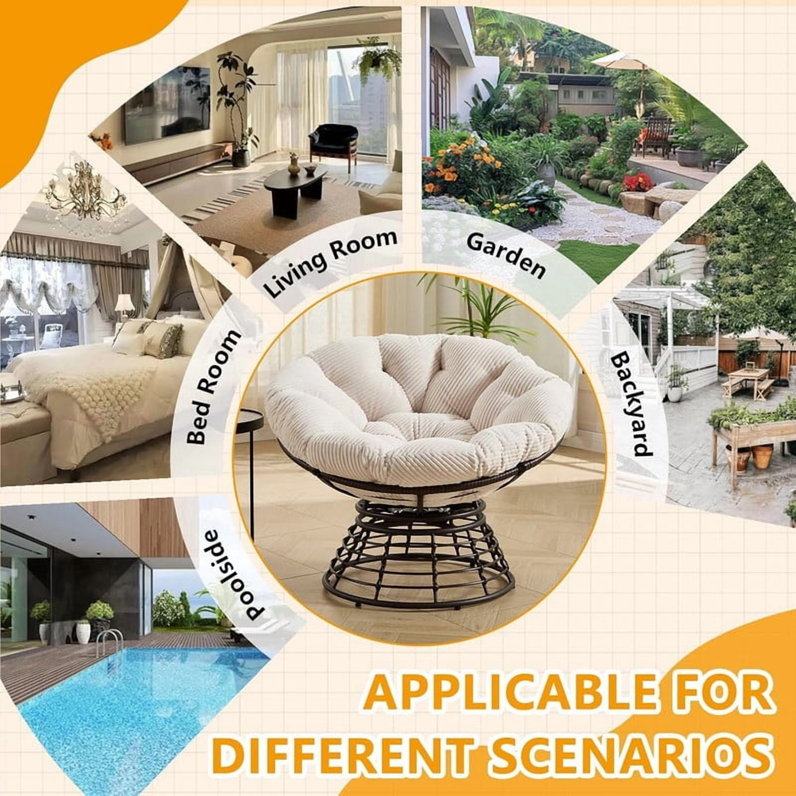 Ergonomic Wicker Papasan Chair, 360° Swivel Chair with Soft Thick Cushion for Living Room, Bedroom, Reading Room