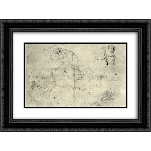 Hieronymus Bosch 2x Matted 24x20 Black Ornate Framed Art Print 'Figure in a beehive and a monsterb (A cursory sketch of two women)'
