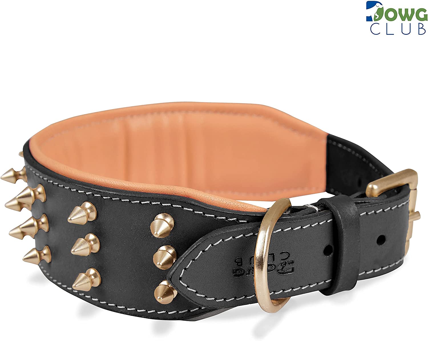 DowgClub | Genuine Leather Heavy Duty Spiked Dog Collar | Full Grain, Cushion Sheep napa padding Inside, Comfortable, Strong | Best for Medium, Large, X-Large Breeds | Cherry, Black, Pink, Tan |