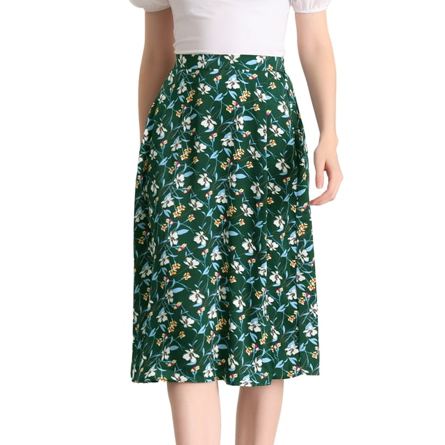 Falda a Media Pierna Allegra K con abertura En la Cintura y Estampado floral Verde satinado M