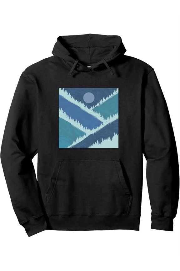 's Turquoise & Navy Blue Pine Tree Print Hoodie - Full Moon & Stars Night Forest Sweatshirt, All-Season Casual Hooded Jacket with Sleeve Pocket, Machine Washable Regular Fit Long Sleeve Pullover for