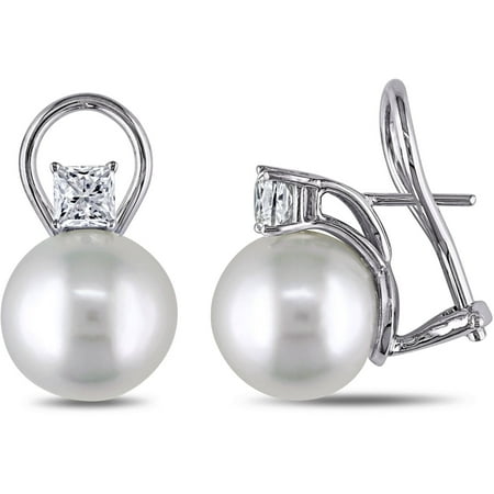 Miabella 11-12mm White Round South Sea Pearl and 1 Carat T.W. Princess-cut Diamond 18kt White Gold Clip-Back Earrings