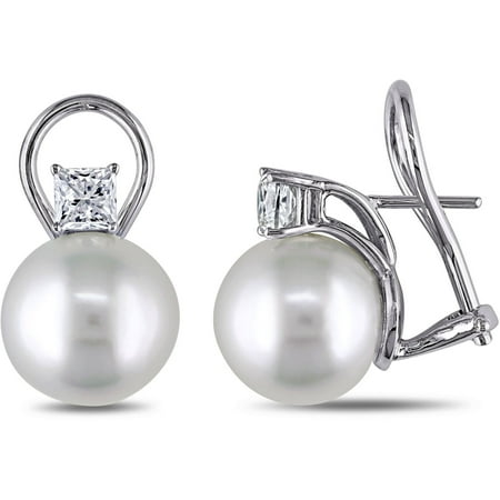 11-12mm White Round South Sea Pearl and 1 Carat T.W. Princess-cut Diamond 18kt White Gold Clip-Back Earrings