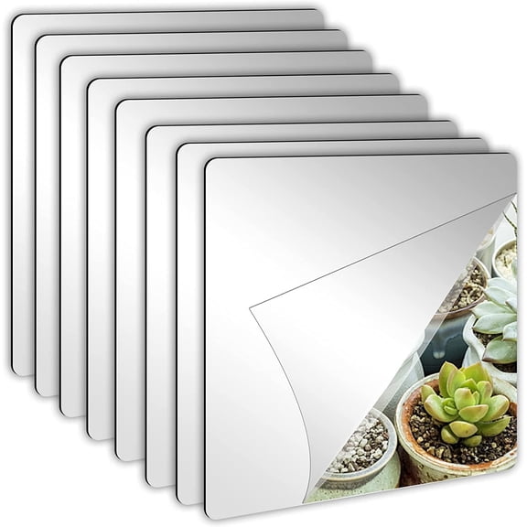 HuiJuMei 8 pack Self Adhesive Acrylic Mirror, 8 x 8 inch Tiles,Flexible Plastic Mirror Sheets Wall Stickers,2mm Thick Frameless Small Mirror