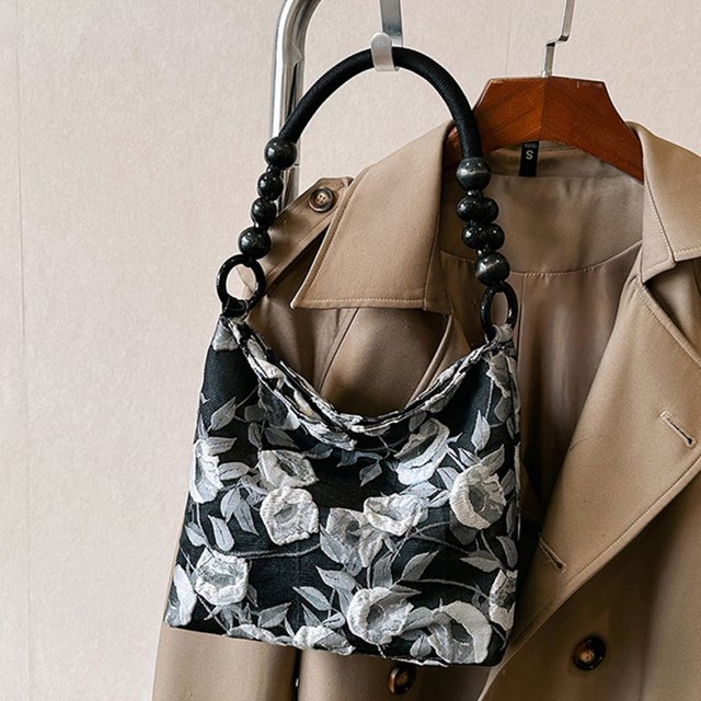 Bolso de hombro retro de lona con cerrojo para mujer, bolso de mano con estampado floral y cuentas Hugtrwg Para estrenar