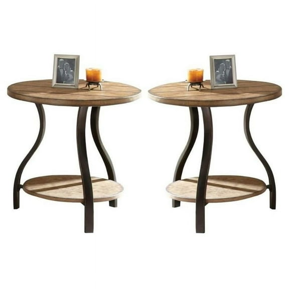 Home Square Round End Table in Planked Light Oak Finish - Set of 2