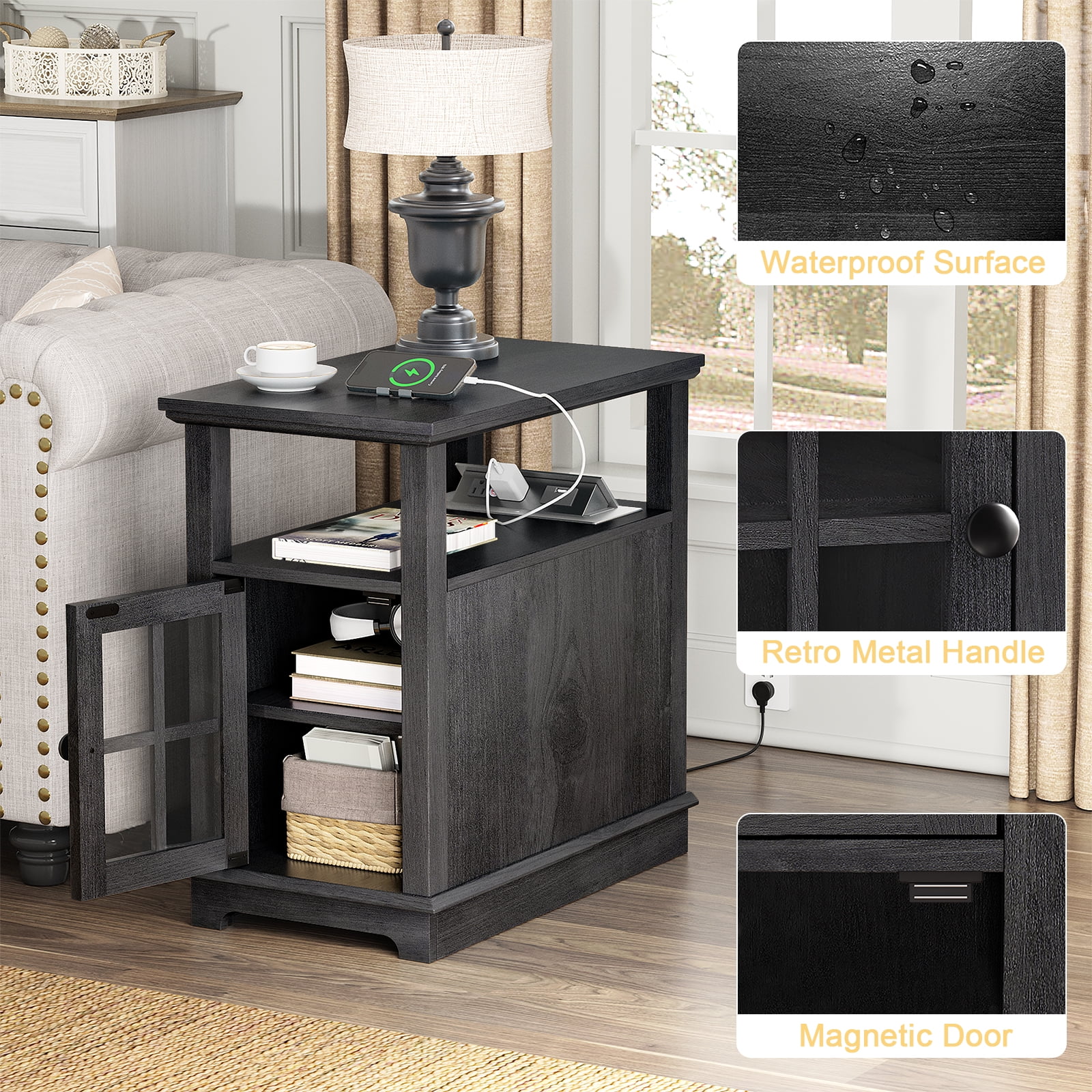 FAGAGA End Tables for Living Room,Wooden Nightstand for Bedroom with Charging Station,Blackgrey