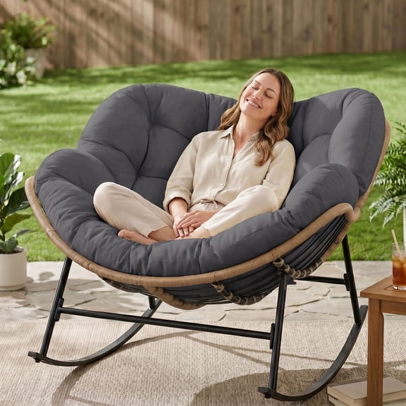 RADIATA Oversized Outdoor Papasan Rocking Chair with 5.1" Cushion, 450 lb Heavy-Duty Rattan Patio Rocker Chair, Water-Resistant Lounge Chair for Porch, Garden, Bedroom, Gray