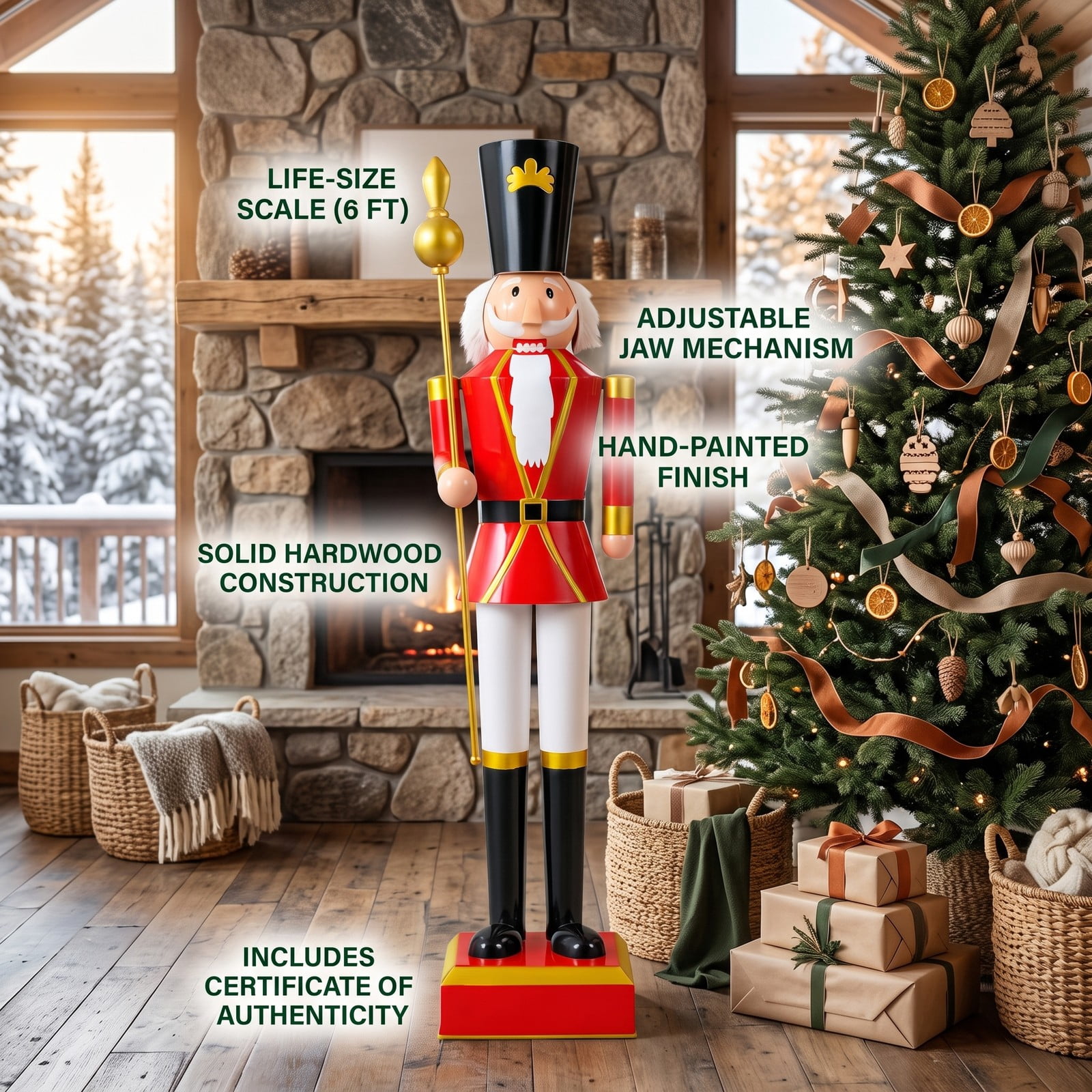 RUIE 4 FT Christmas Nutcracker Statue with High Hat & Scepter, Metal Holiday Nutcracker Soldier Figure with Hidden Lockable Storage for Indoor Outdoor, Black & Red