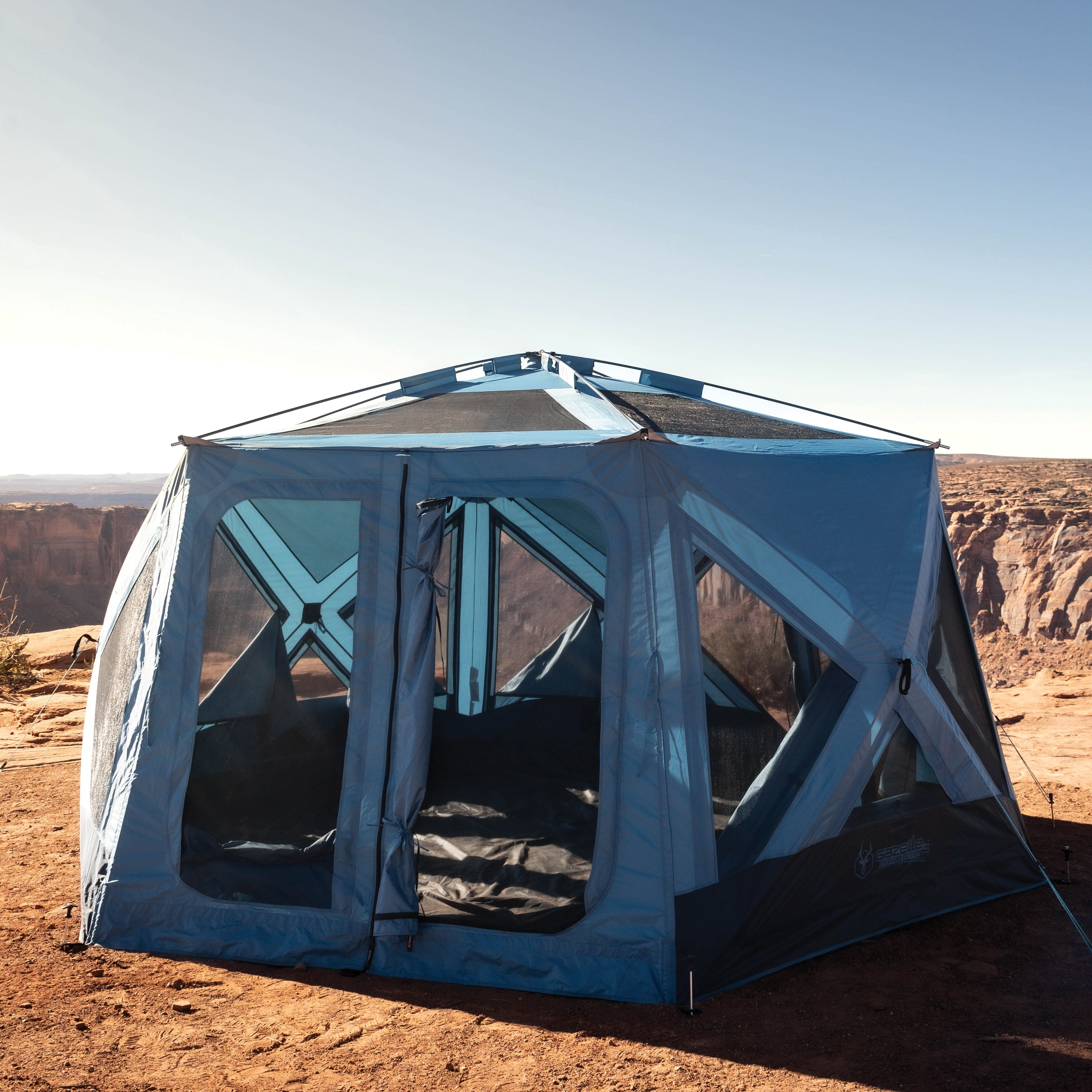 Gazelle Tents™ T-Hex Hub Tent Overland Edition, Waterproof, UV Resistant, TriTech Mesh, Removable Floor, All-Terrain Stakes, Duffle Bag, 7-Person, Pacific Blue, 85”x 144”x 136”