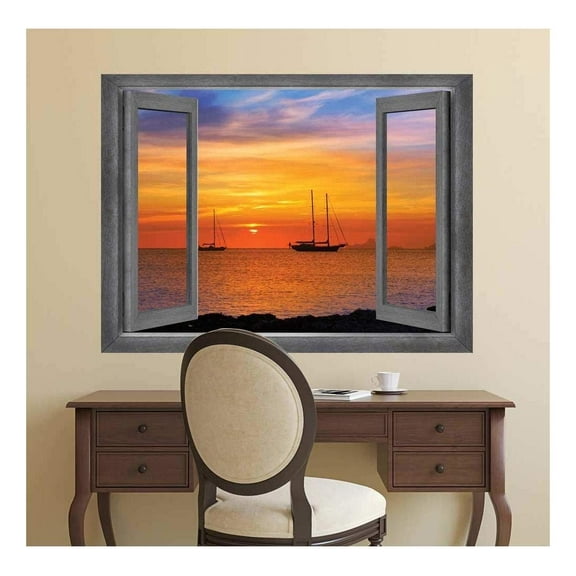 wall26 - Open Window Creative Wall Decor - A Bay Side View at Sunset - Wall Mural, Removable Sticker, Home Decor - 24x32 inches