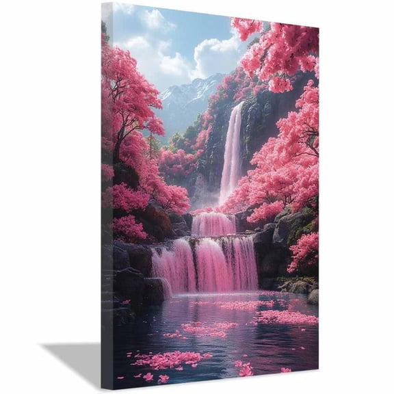 Mudket Pink Cherry Blossom Waterfall Canvas Wall Art, Floral Nature Landscape Print, Framed Wall Decor for Living Room Bedroom - 12"L x 8"W