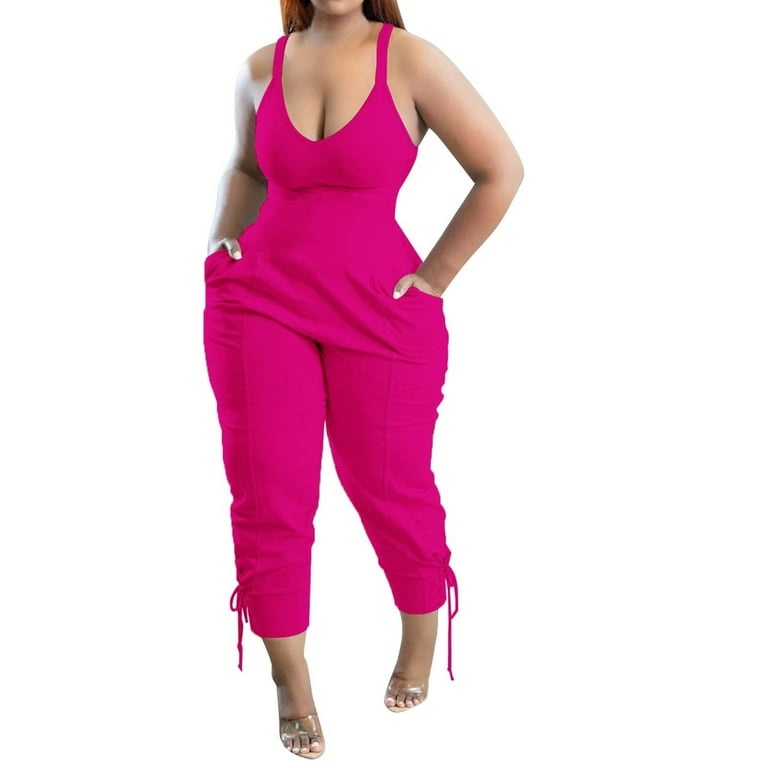 Aueoeo Plus Size Jumpsuits for Women Dressy Women s Sexy Jumpsuits Sleeveless Straight Long Pants Summer Casual V Neck Camis Jumpsuits Rompers With