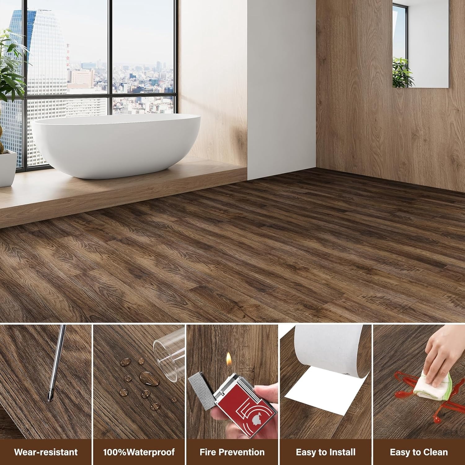 Peel and Stick Floor Tile,  36-Pack 54 Sq.Ft Self Adhesive Vinyl Plank Flooring Wood Grain Look 36x6 Inch Waterproof Tile Sticker for Bedroom, Living Room, Kitchen, RV (Smoked Brown)