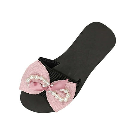 

KIJBLAE Women Summer Pearl Bow Flats Sandals Beaded Rhinestone Beach Party Ladies Flip Flops Sliders House Home Indoor Slippers Female Shoes Pink 41