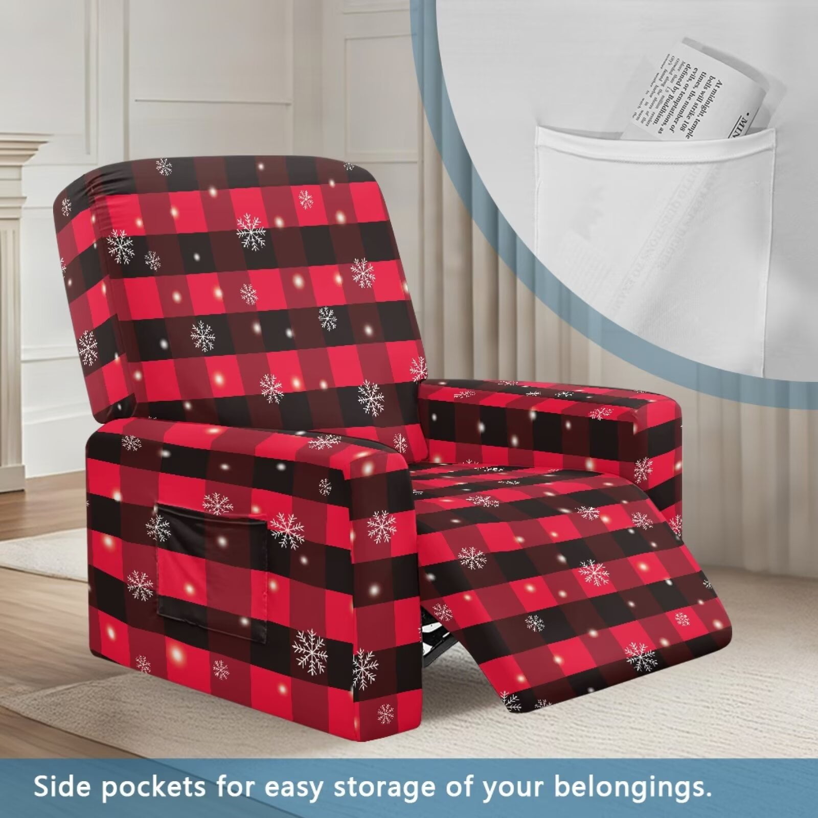 Yuyamidu Christmas Print Reclining Chair Covers 4 Pieces Comfortable Recliner Sofa Slipcovers with Pocket Replacement Lazyboy Cover for Recliner Chair Gift for Housewarming