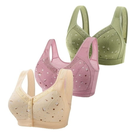 DondPO Bras for Women 3 Pack Bras For Older Women 2024 Front Close Button Cotton Bras Comfortable Full Support Wide Back No Underwire Bras Push Up Bra Plus Size Bras for Women Clearance Blue 48