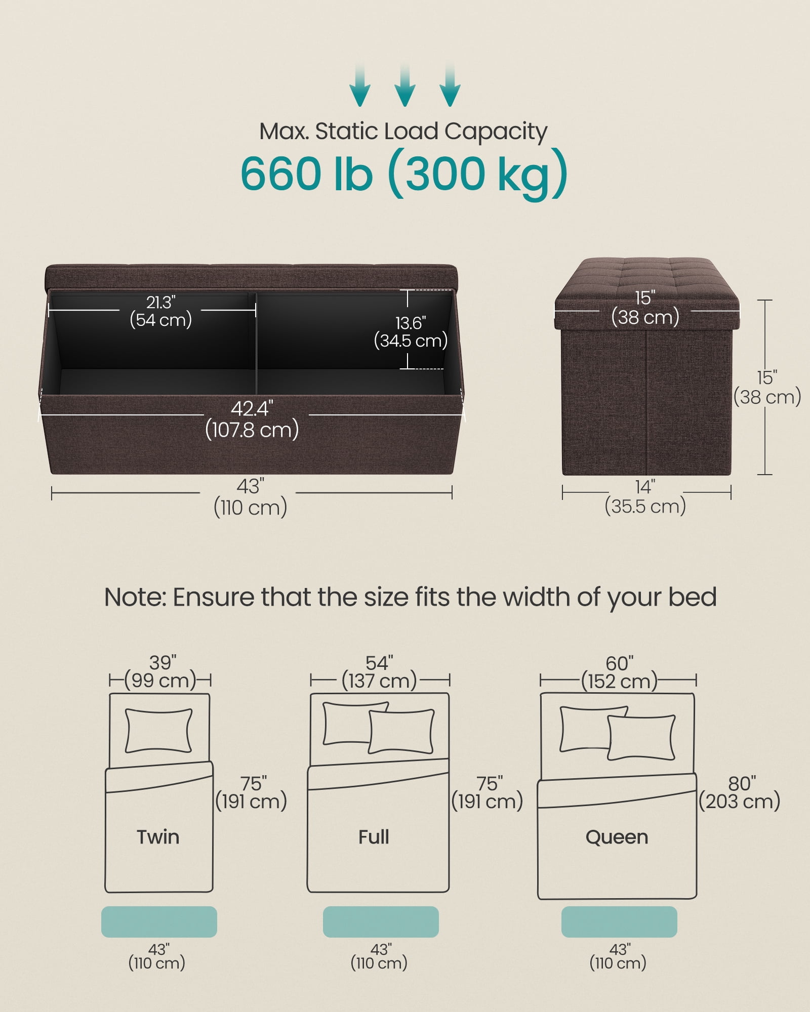 SONGMICS Storage Ottoman Bench, 15 x 43 x 15 Inches, Ottoman with Storage, End of Bed Bench, for Living Room, Bedroom, Chestnut Brown