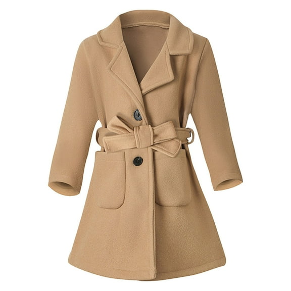 Mercatoo Girls Dress Coat Lapel Wool Blend Long Winter Jackets with Pockets&Belt Kids Mid-Long Notch Buttoned Outwear