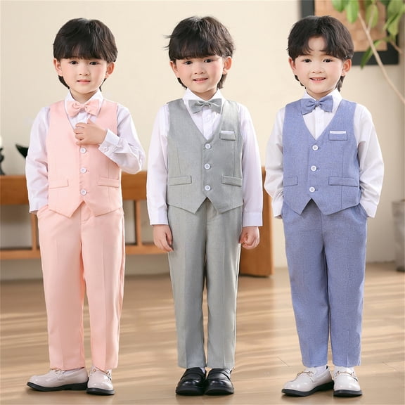 Baby Boy Outfit Formal 3 Piece Suit with Vest Pants and Bow Tie Slim Boys' Clothing Sets Beige 2-3 Years