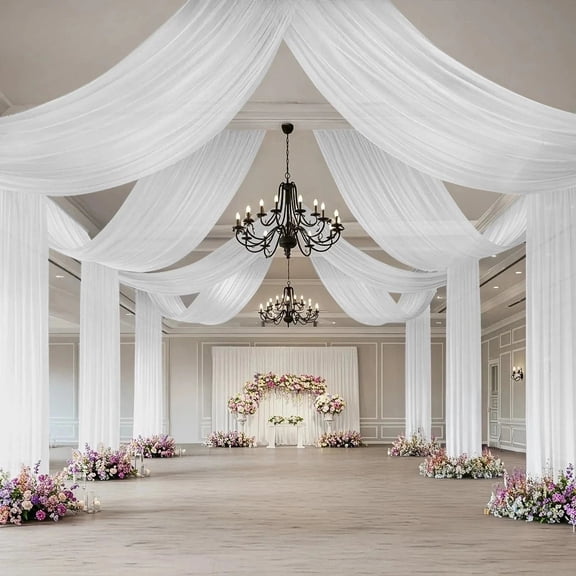 BalsaCircle White 5x32 feet Sheer Curtain Backdrop Wedding Drapery Panel Party Reception Home Events Ceiling Decorations Supplies