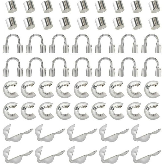 1 Box 1400Pcs 4 Styles Silver Crimp Beads Knot Cover Bead Bulk Metal Iron Wire Guardians Knot Covers Tube Crimps Clamshell Endcaps Tips Bead for Bracelet Jewelry Making DIY Crafts Supplies