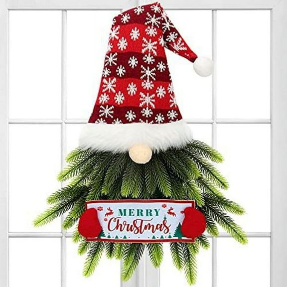Qtmnekly Christmas Wreath for Front Door, Lighted Gnome Christmas Door Wreath, Artificial Santa Xmas Hanging Sign for Door plastic Plush red