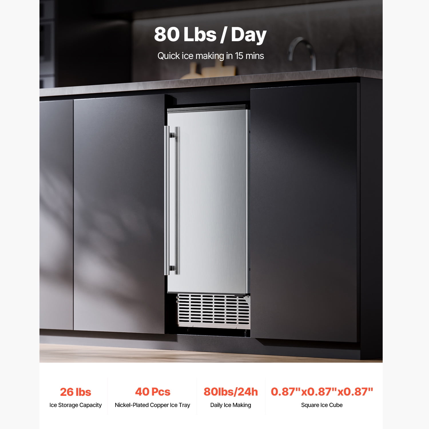 KFFKFF 80 Lbs/Day Built-in Commercial Ice Maker Stores up to 26lbs Free-Standing UnderCounter Machine with Clear Cube