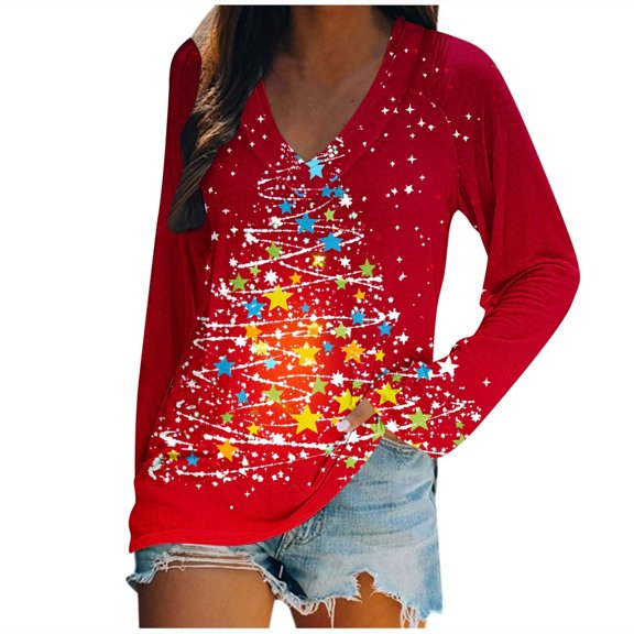 Women's Plus Size Christmas V-Neck T-Shirt - Snowman Santa Tree Print Long Sleeve Blouse, Breathable Loose Holiday Top for Parties/Gifting