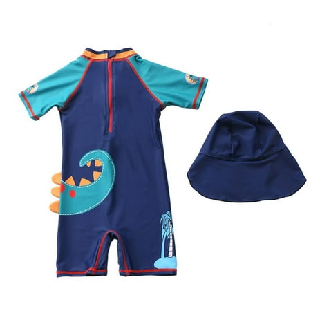 

Toddler Boys Rashguard Short Sleeve One-Piece Swimsuit Cute Cartoon Dinosaur with Sun Hat UPF 50+ Sun Protection 1-7T
