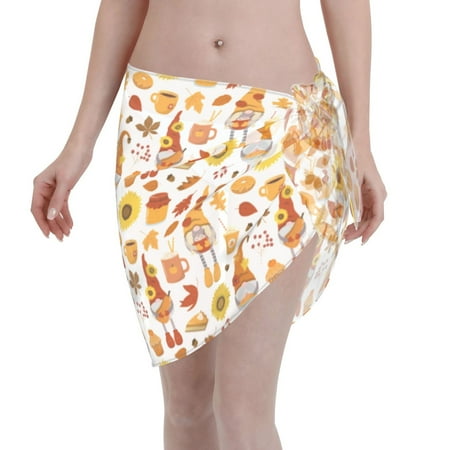 Qekee Gnomes Autumn Harvest Women s Short Sarongs Cover Ups Sheer Bikini Wraps for Swimwear