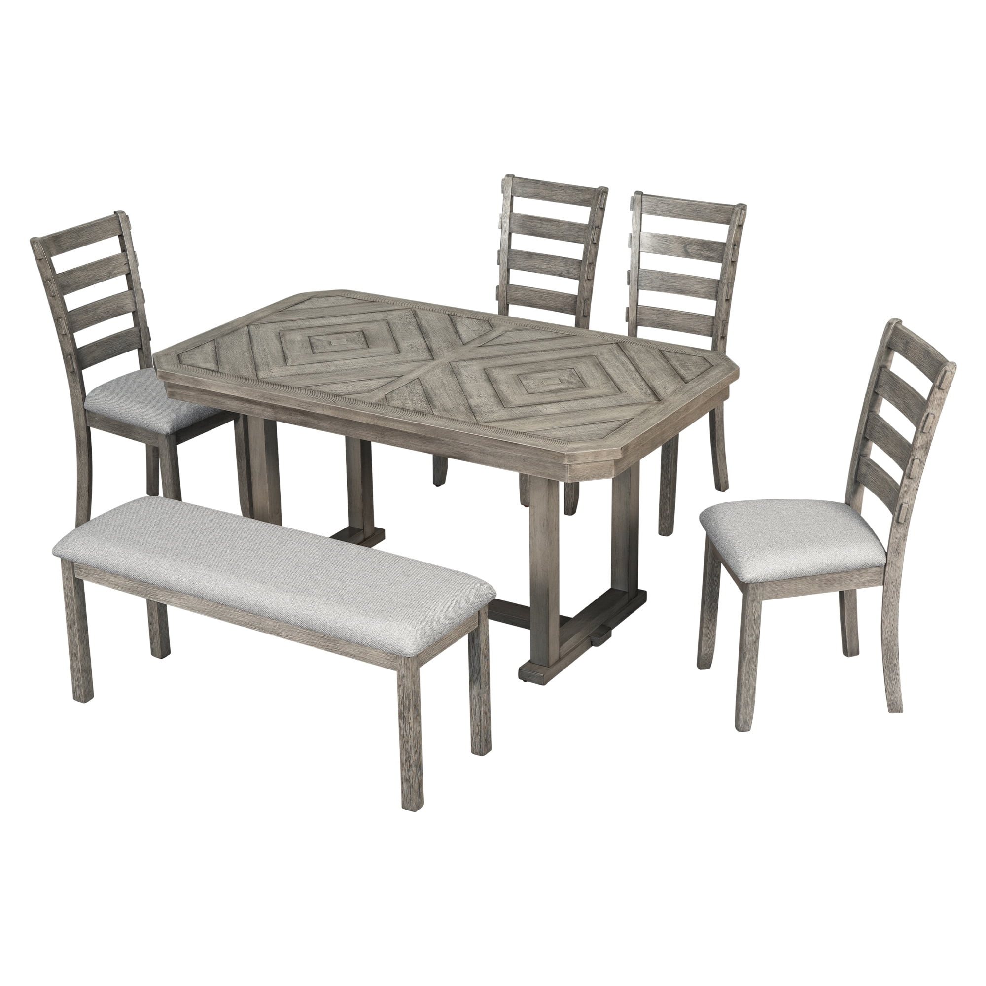 Euroco 6-Piece Rubber Wood Dining Table Set for 6, Farmhouse Kitchen Table Set with Beautiful Wood Grain Tabletop, 4 Upholstered Chairs & a Bench for Dining Room,Gray
